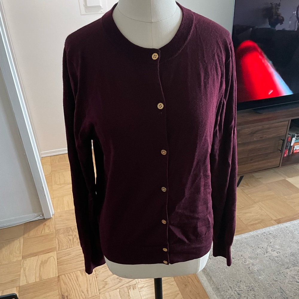 Preowned J.Crew Lightweight Wool Jackie Cardigan E1342 in Merlot